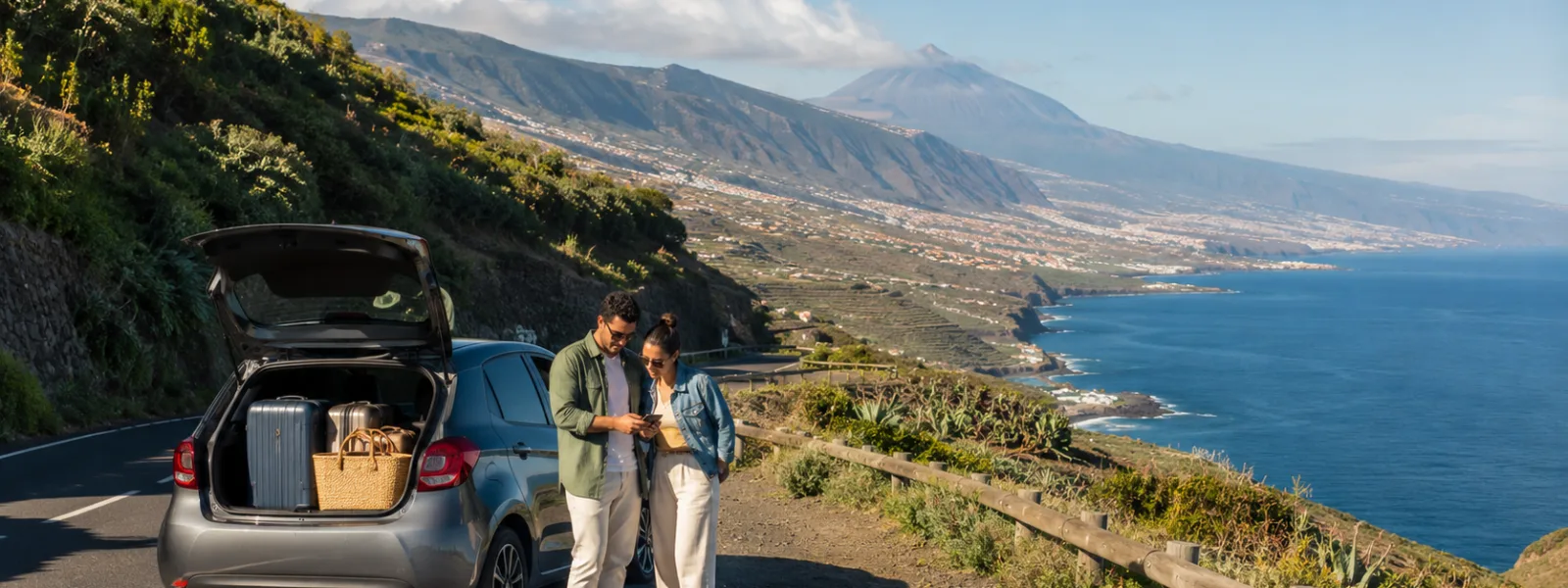 Des voyageurs consultant une carte à côté d'une voiture de location sur une route côtière pittoresque de Tenerife