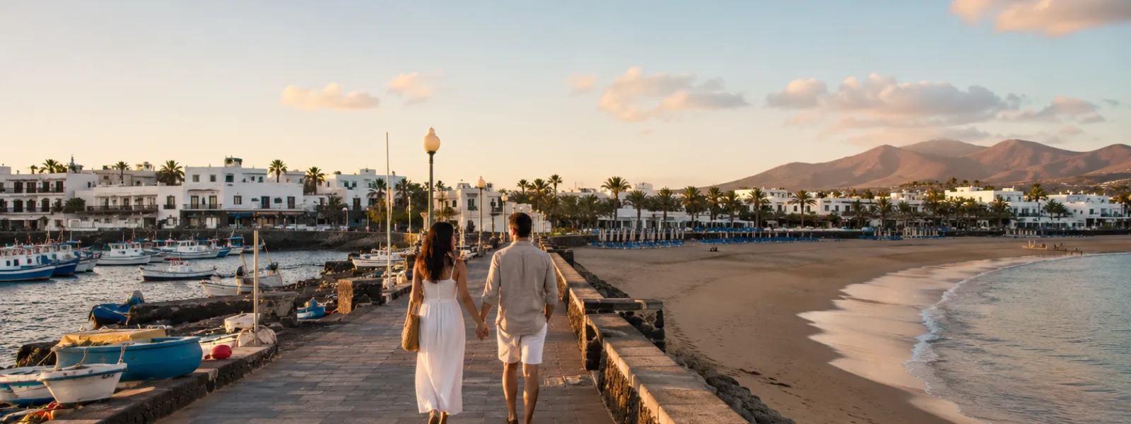 Couple walking between Puerto del Carmen Old Town harbour and Playa Grande in Lanzarote