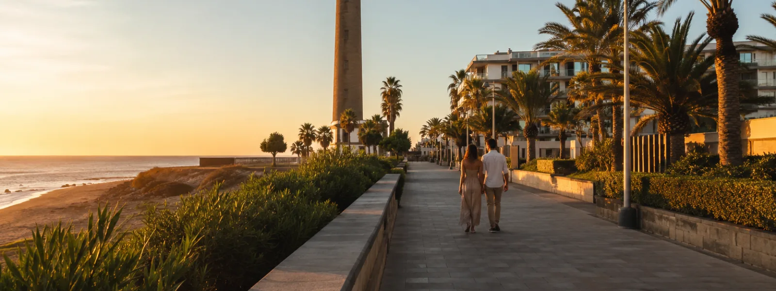 Couple walking near Faro de Maspalomas and the Meloneras promenade in Gran Canaria