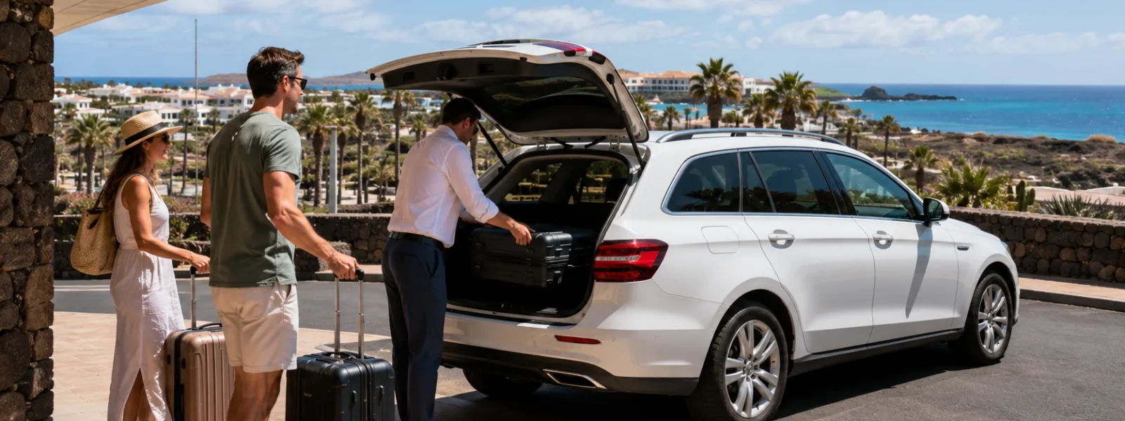 Airport transfer car arriving near Caleta de Fuste on Fuerteventura with travellers and luggage