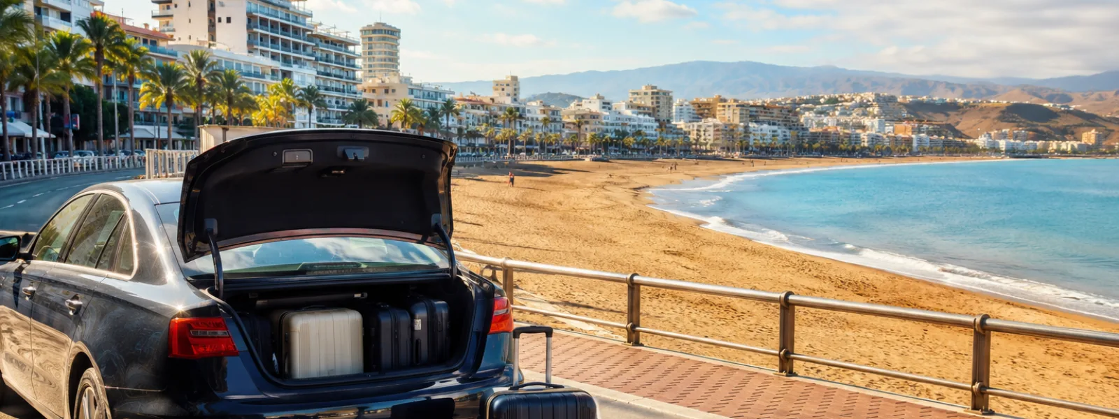 Airport transfer vehicle arriving near Las Canteras beach in Las Palmas de Gran Canaria