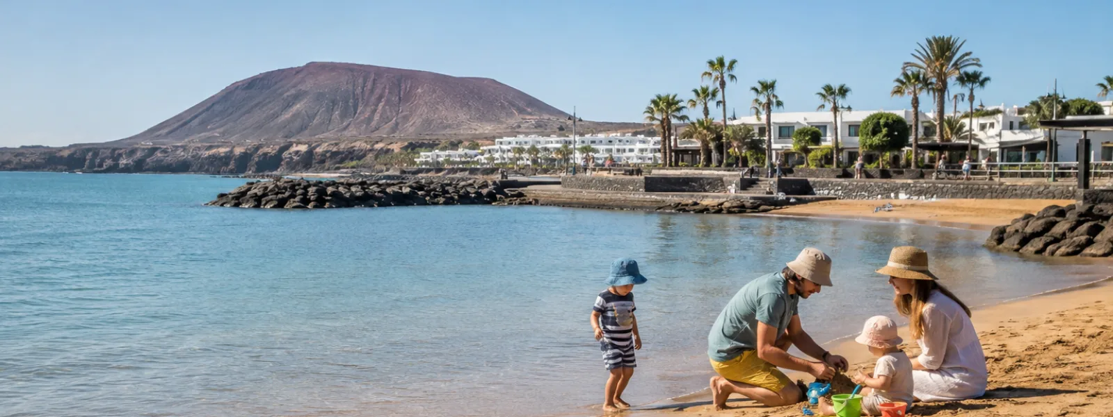 Famiglia con bambini piccoli sulla spiaggia protetta di Playa Flamingo a Playa Blanca, Lanzarote