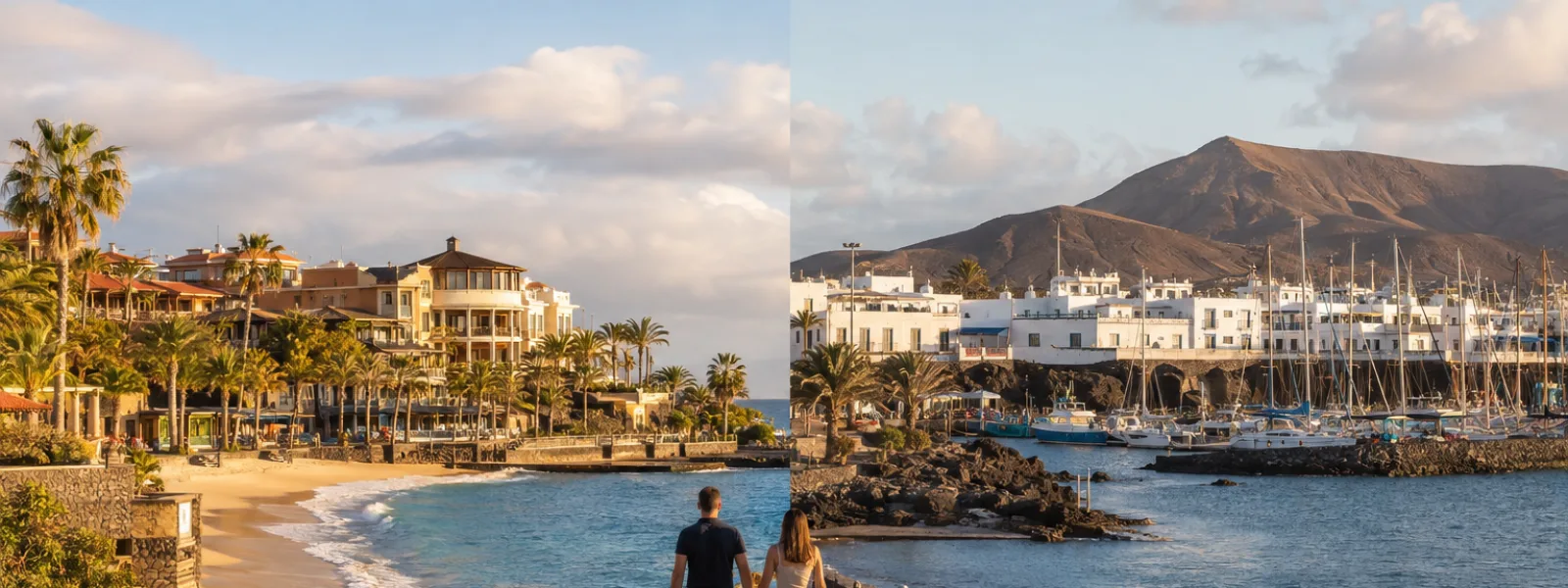 Couple walking between a Costa Adeje beach resort scene and Playa Blanca marina in the Canary Islands