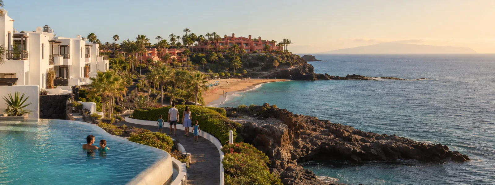 Resort di lusso per famiglie sulla costa sud-occidentale di Tenerife con piscina infinity, riva vulcanica e spiaggia riparata