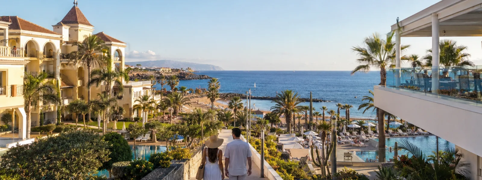 Coppia che cammina tra un resort di lusso in stile coloniale e un hotel moderno solo per adulti sulla costa di Costa Adeje a Tenerife