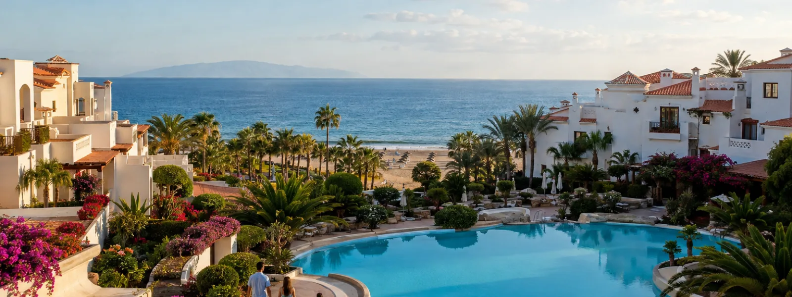 Jardins et piscine d'un complexe familial de luxe surplombant l'Atlantique à Costa Adeje, Tenerife