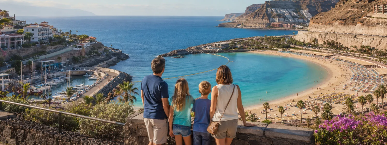Famille surplombant une plage et une marina abritées des îles Canaries