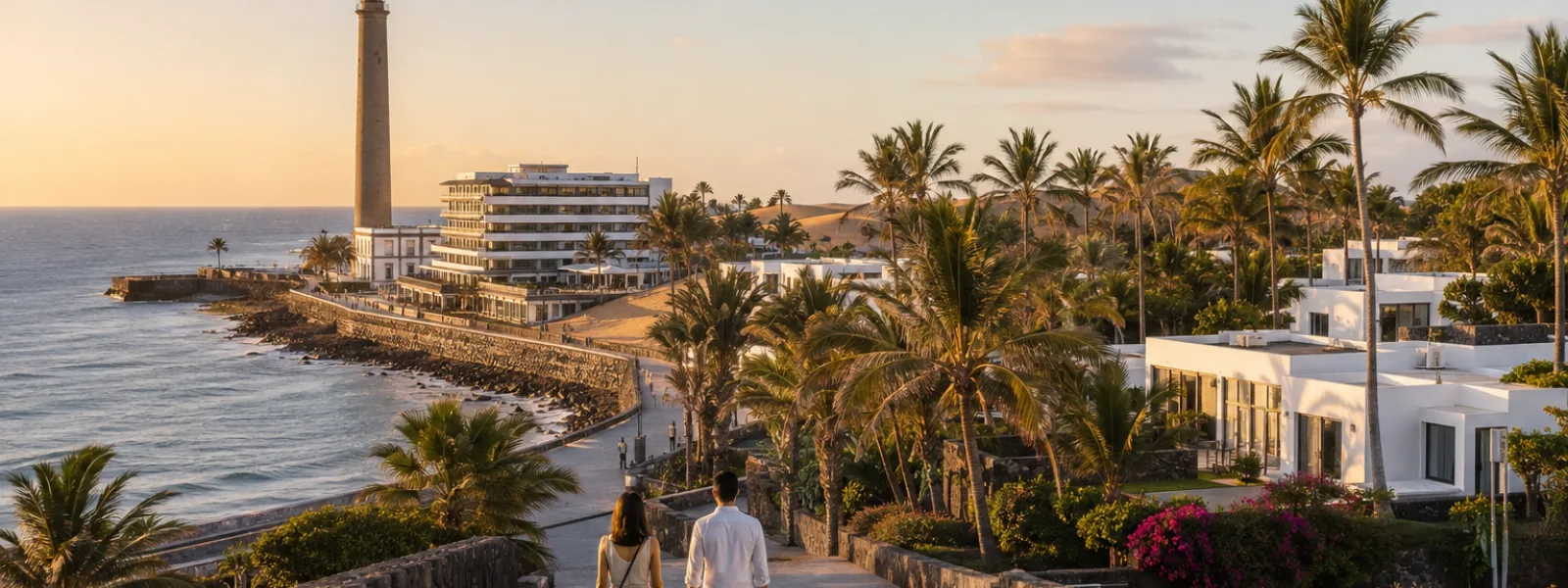 Maspalomas Lighthouse, oceanfront hotels and palm oasis at sunset in Gran Canaria