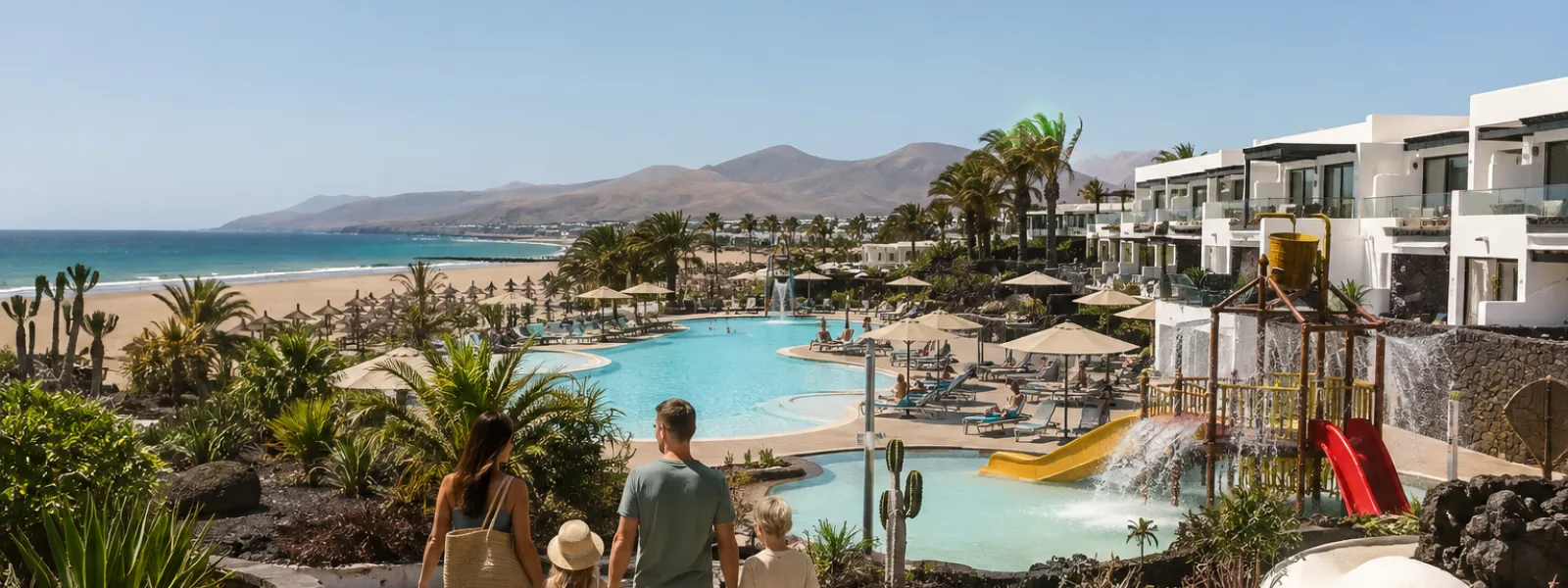 Family walking toward a beachfront resort pool and splash area at Playa de los Pocillos, Lanzarote