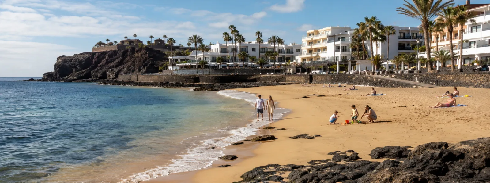 Plage ensoleillée d'une station des Îles Canaries avec des roches volcaniques en novembre
