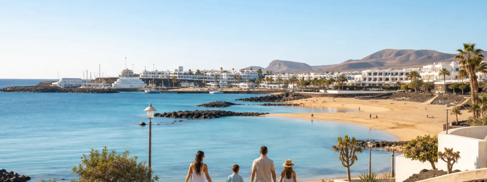 Famille marchant vers la plage de Playa Dorada à Playa Blanca, Lanzarote