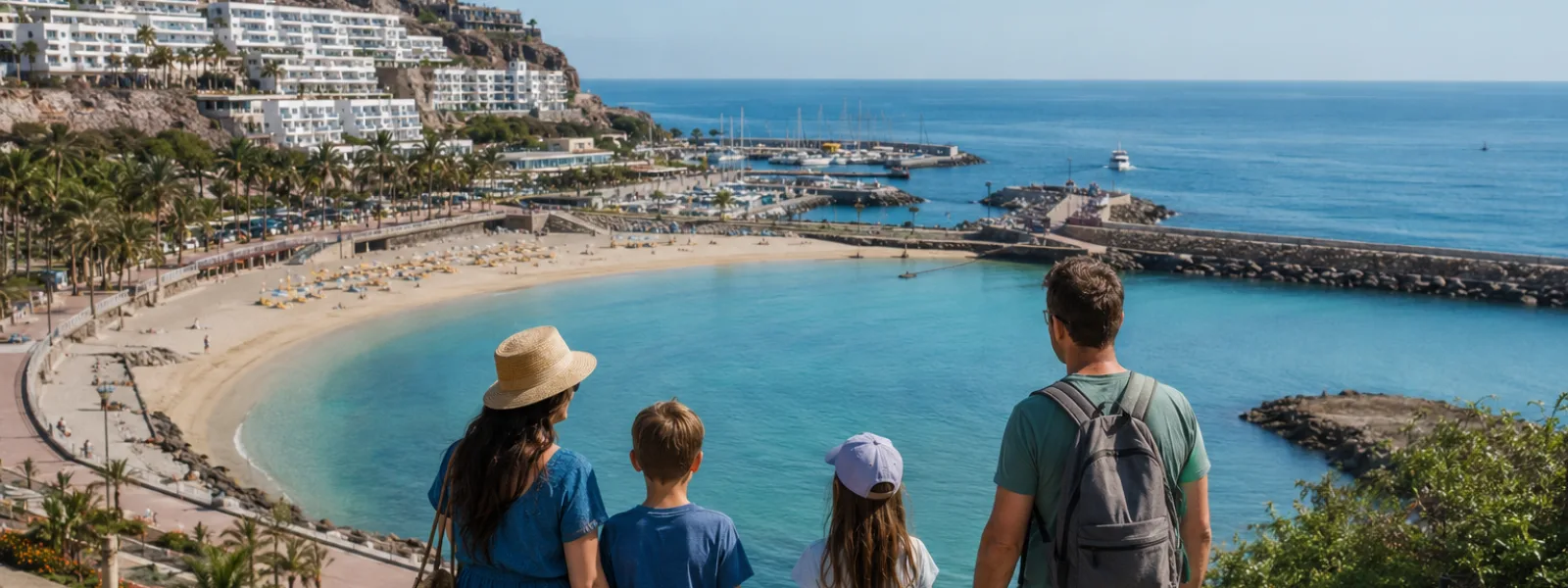 Family looking across a sunny sheltered Canary Islands beach during a February half-term holiday