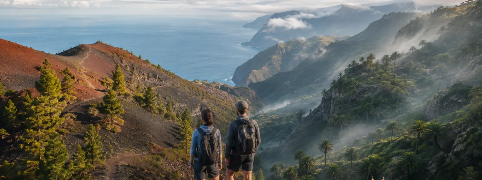 Hikers overlooking volcanic slopes and a misty green ravine representing La Palma and La Gomera