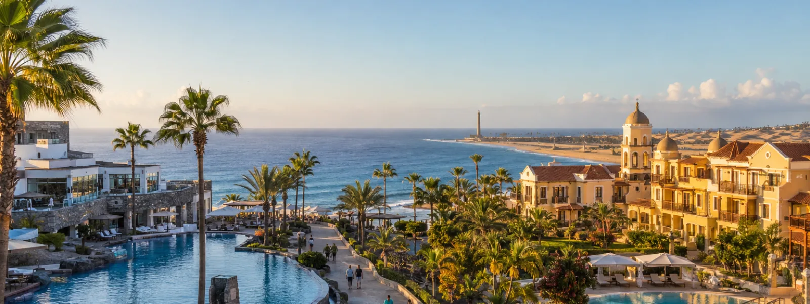 Luxury resorts and pools on the Meloneras coast of Gran Canaria near Maspalomas lighthouse