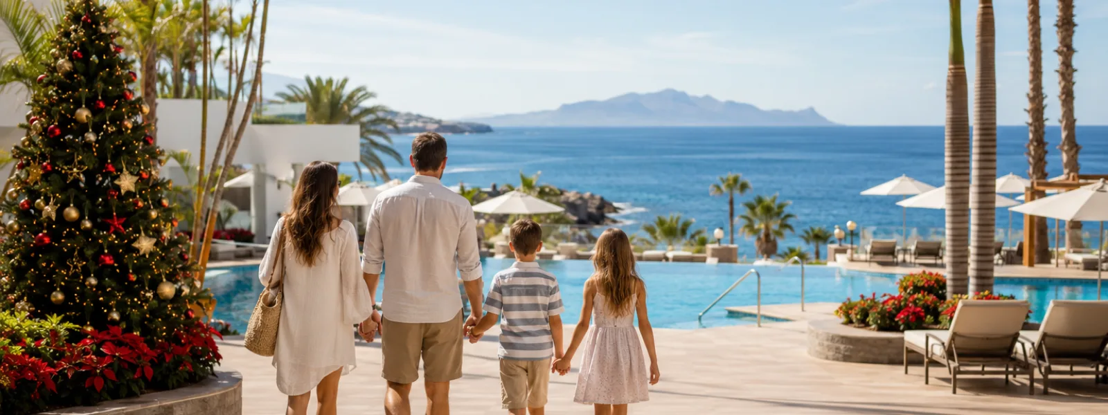 Family arriving at a Costa Adeje resort in Tenerife for a sunny Christmas holiday