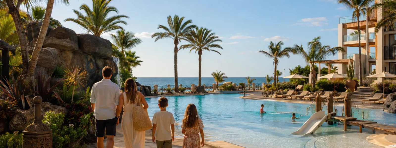 Famiglia che cammina accanto a una piscina di un resort in stile laguna con vista sull'Atlantico a Meloneras, Gran Canaria
