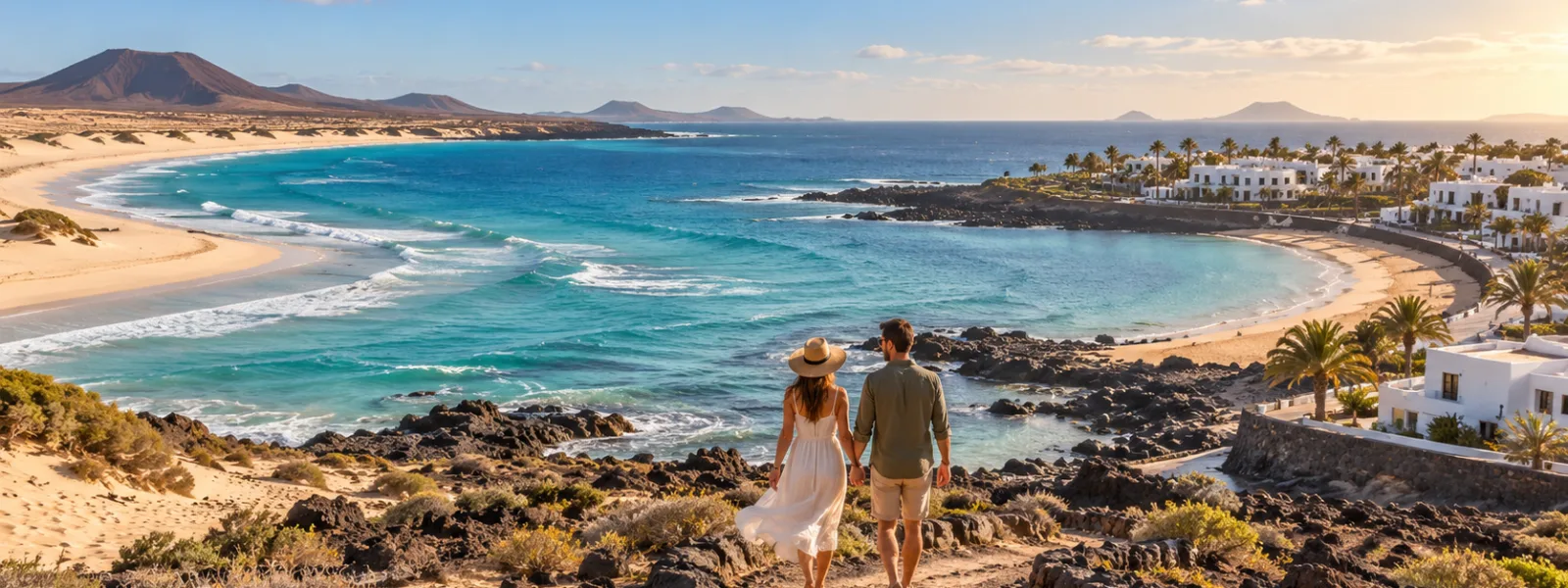 Couple overlooking pale sand dunes, turquoise Atlantic water and a volcanic coast representing Corralejo and Costa Teguise