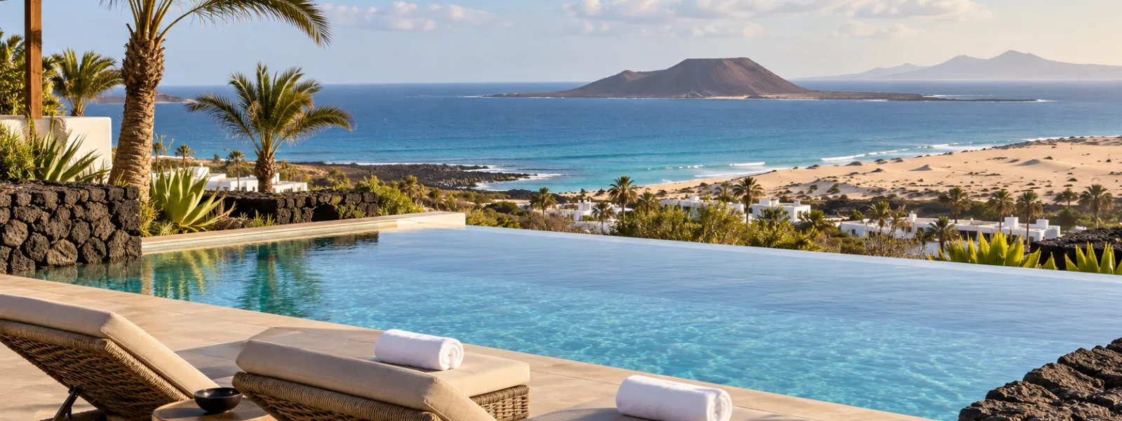Adults-only resort pool overlooking the Atlantic, Corralejo dunes and Isla de Lobos in Fuerteventura