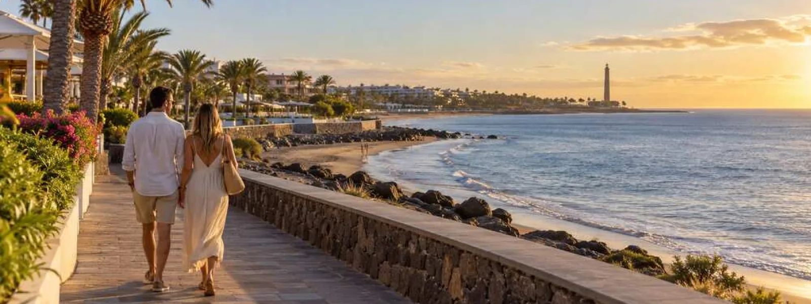 Couple walking along a quiet Gran Canaria seafront promenade at sunset near San Agustin and Meloneras