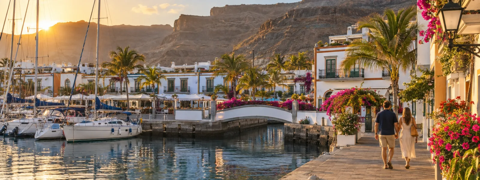 Couple walking beside the marina and whitewashed buildings of Puerto de Mogán at sunset