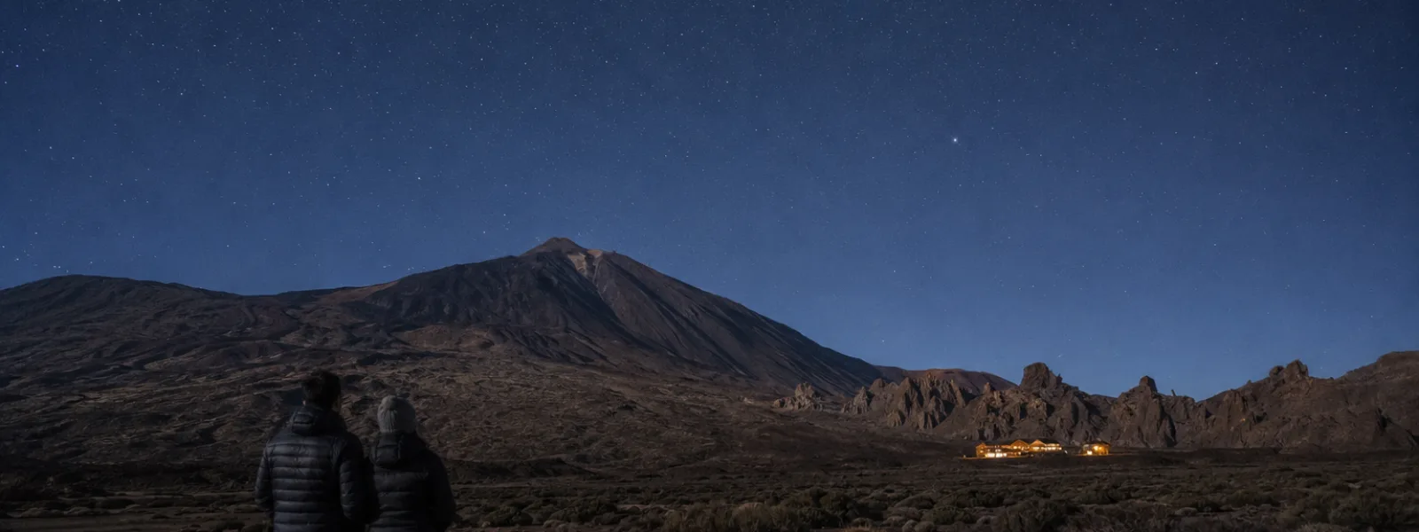 Travelers stargazing beneath Mount Teide near a mountain hotel in Tenerife