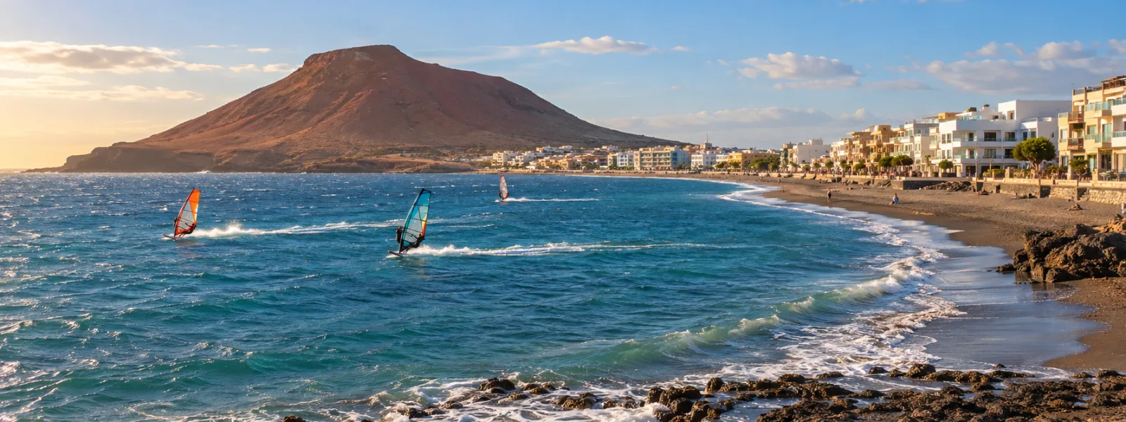 Windsurfers on El Medano beach with Montana Roja and seafront hotels in Tenerife
