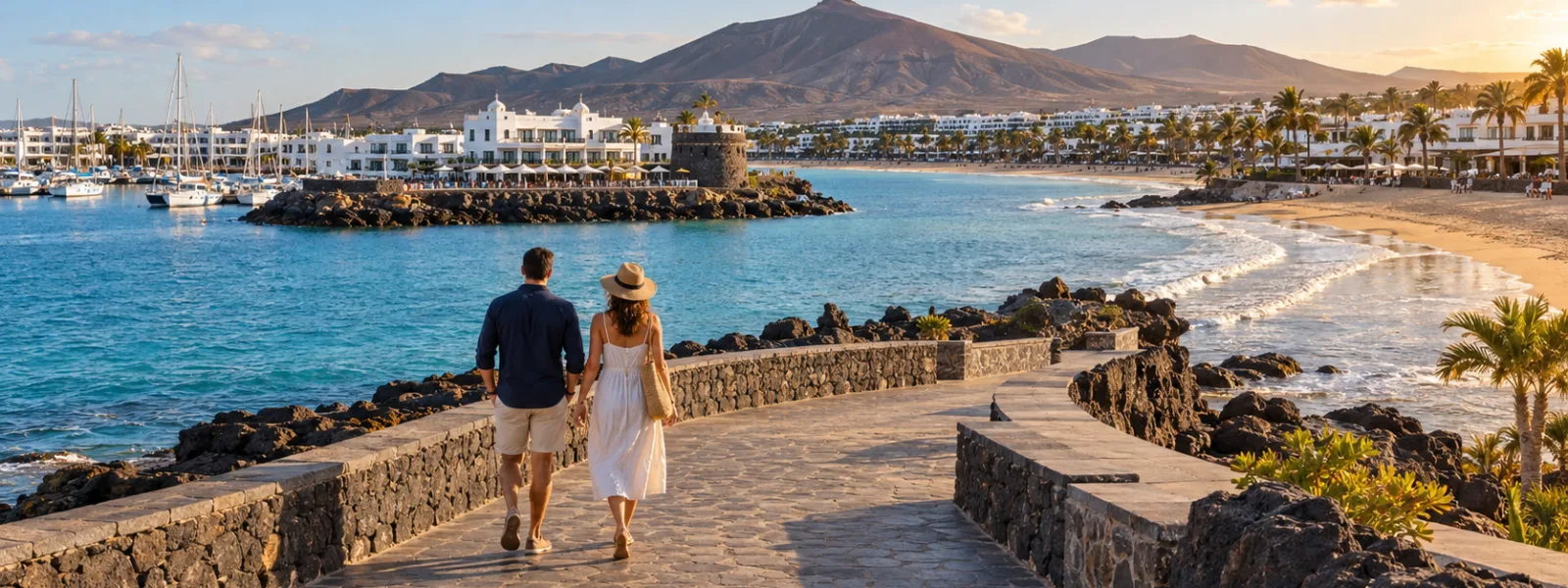 Couple walking beside a marina and golden beach on Lanzarote's volcanic coast