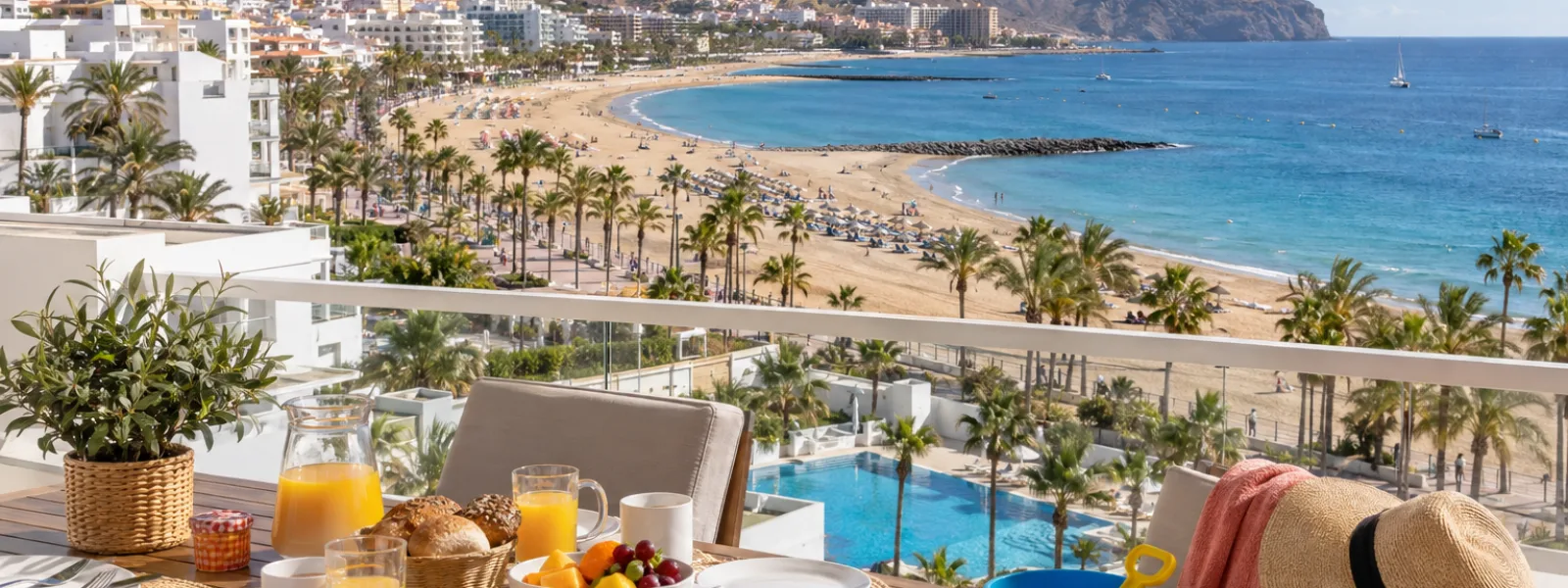 Family apartment terrace overlooking Playa de las Vistas in south Tenerife