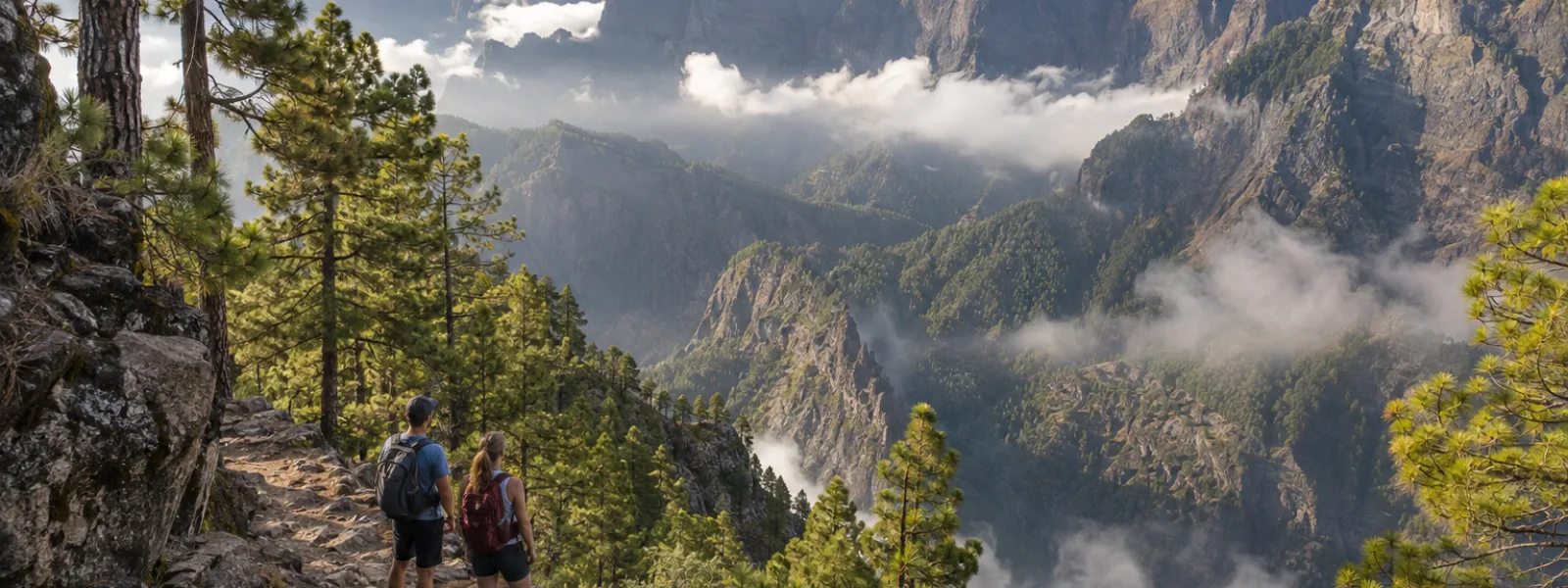 Hikers looking across the pine-covered cliffs of Caldera de Taburiente National Park in La Palma