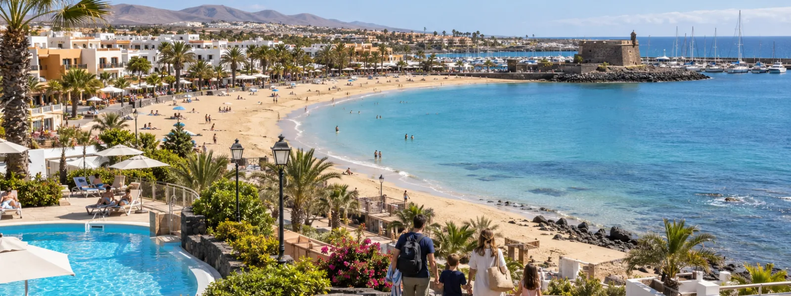 Family walking toward the sheltered beach and resort hotels of Caleta de Fuste, Fuerteventura