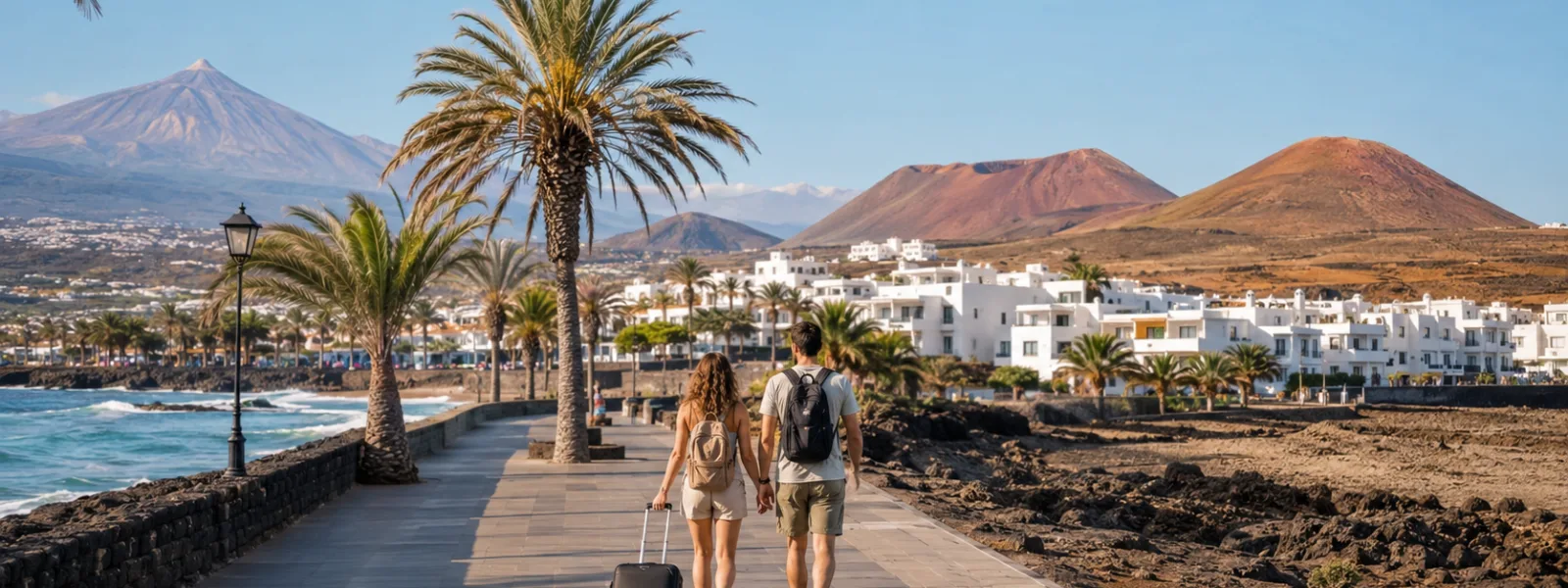 Couple walking with luggage on a Canary Islands waterfront, with Tenerife and Lanzarote volcanic scenery