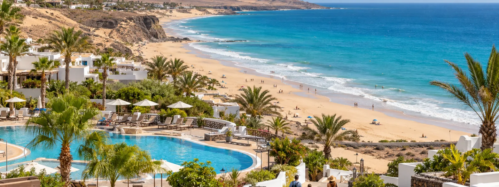 Family walking from an all-inclusive resort toward Esquinzo beach in southern Fuerteventura