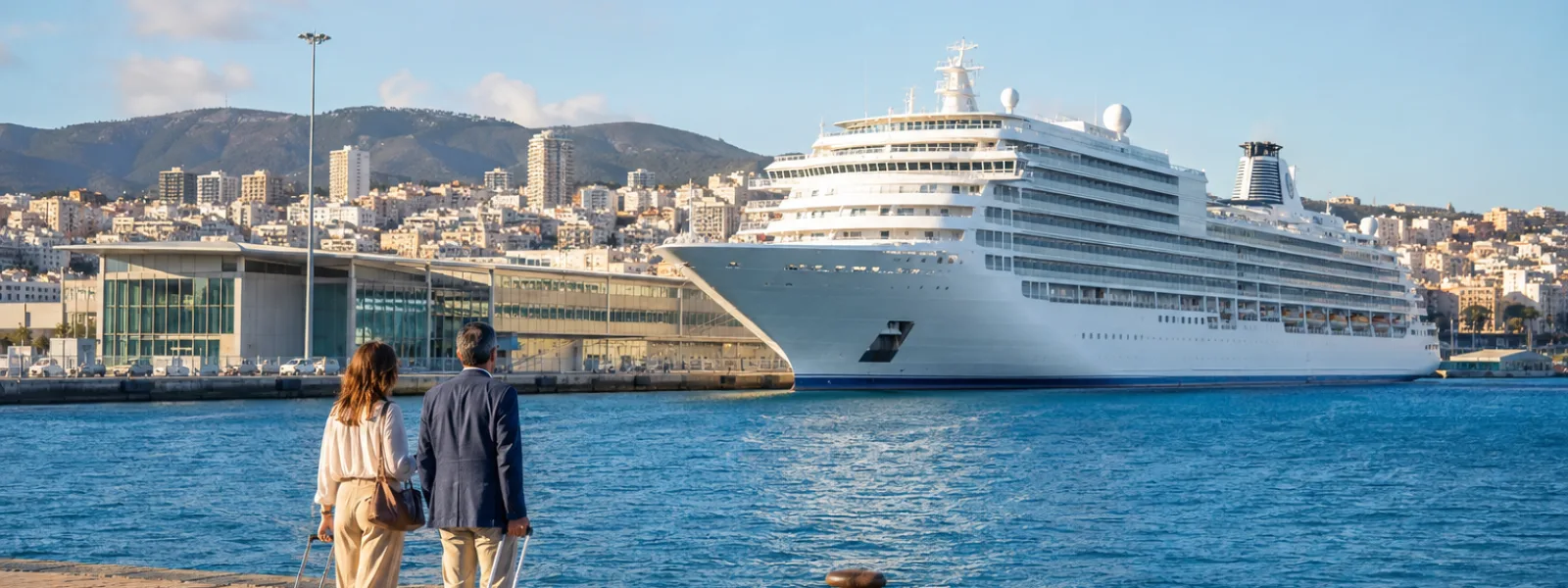 Travellers with luggage overlooking a cruise ship at the Santa Catalina cruise terminal in Las Palmas de Gran Canaria
