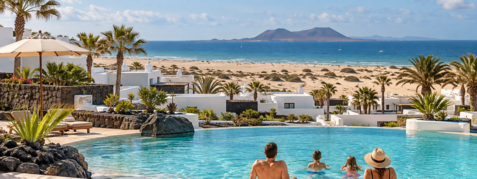 Family resort pool overlooking the Corralejo dunes and Atlantic in Fuerteventura