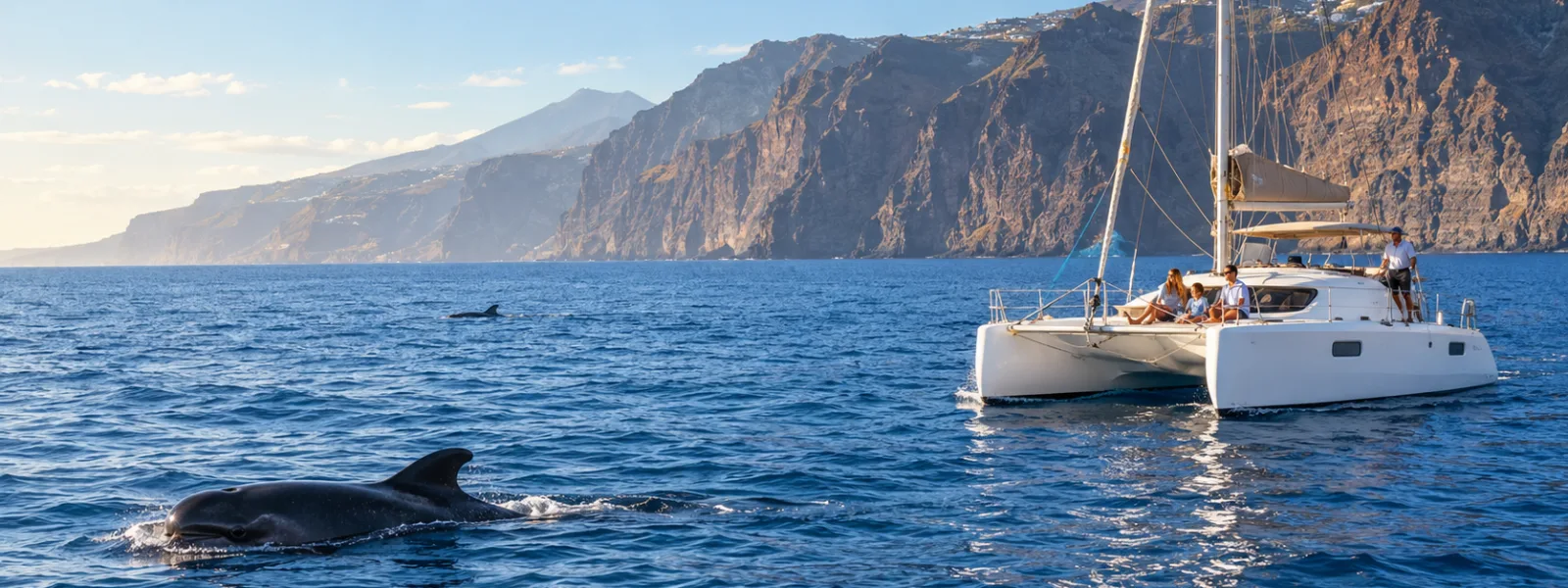 Voilier privé observant des globicéphales à distance respectueuse au large de Tenerife, avec les falaises de Los Gigantes en toile de fond