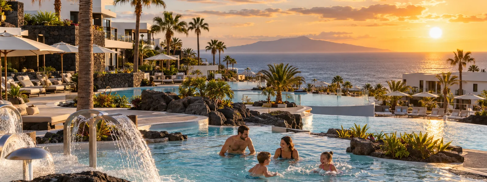 Family enjoying a luxury resort pool at sunset in Playa Paraiso, Tenerife