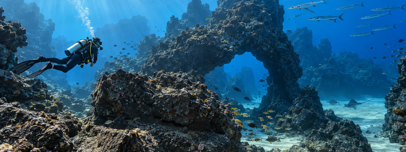 Scuba diver exploring a volcanic reef in the Canary Islands
