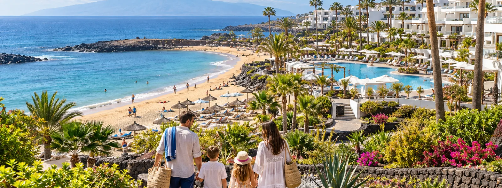 Family walking through a Costa Adeje resort toward a sandy Tenerife beach