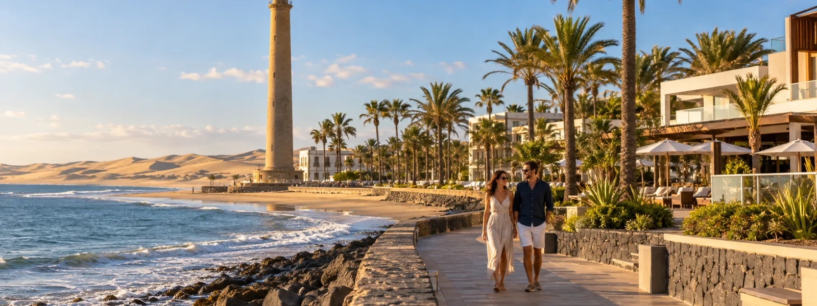 Maspalomas lighthouse and seafront promenade near Hotel Faro and Seaside Palm Beach in Gran Canaria