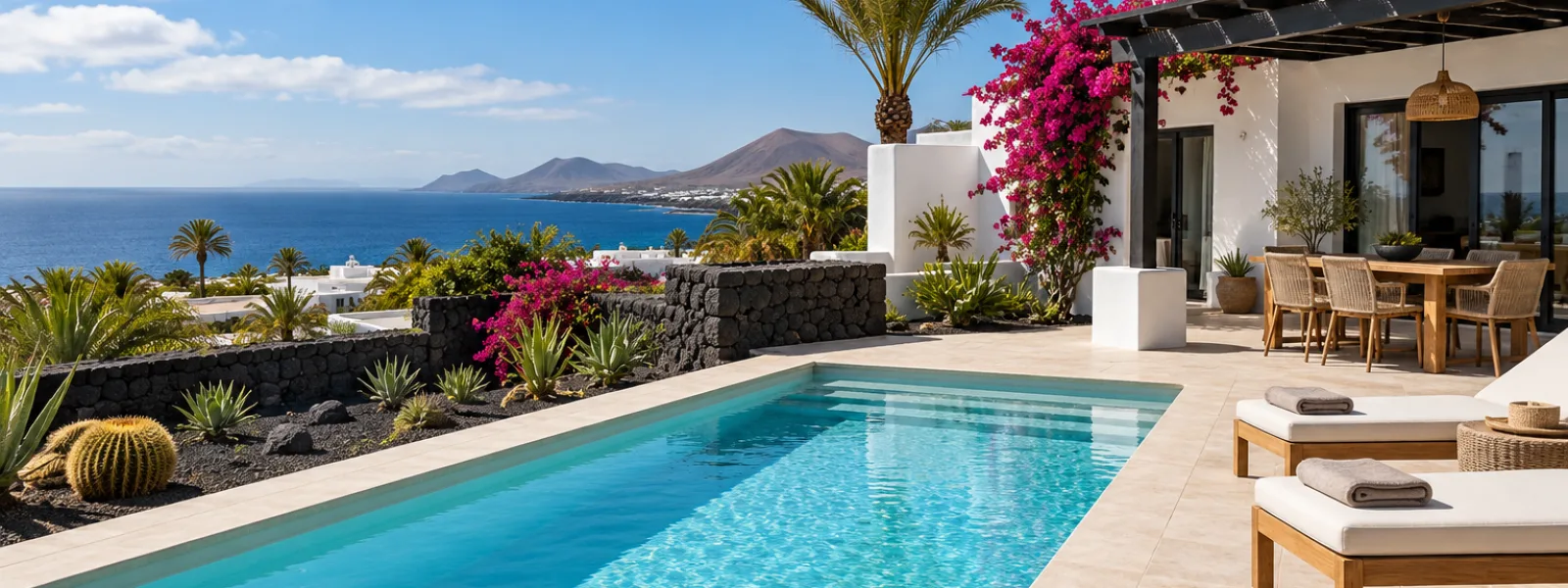 Whitewashed Canary Islands holiday villa with a private pool, volcanic-stone garden and Atlantic Ocean view