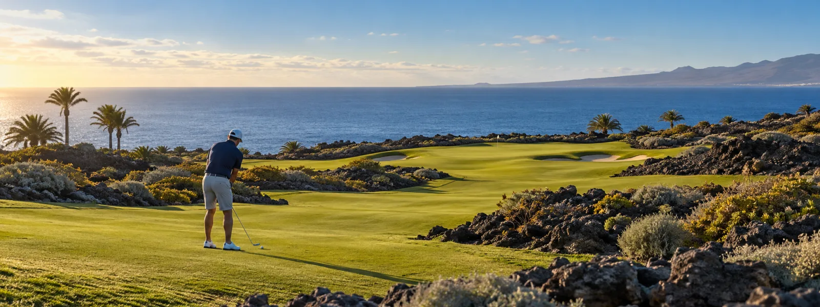 Golfer on a volcanic coastal course overlooking the Atlantic in the Canary Islands