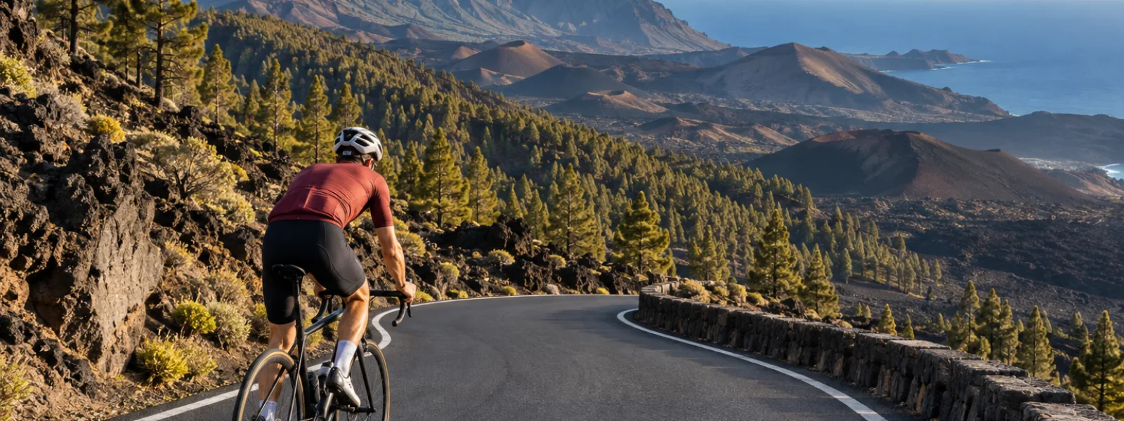 Road cyclist climbing through volcanic Canary Islands scenery above the Atlantic