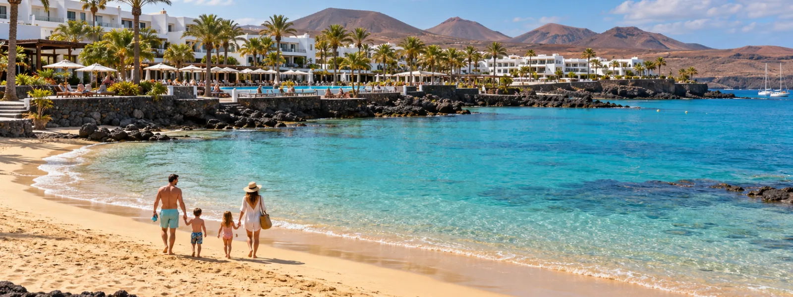 Family walking on Playa Dorada beach beside luxury resorts in Playa Blanca, Lanzarote