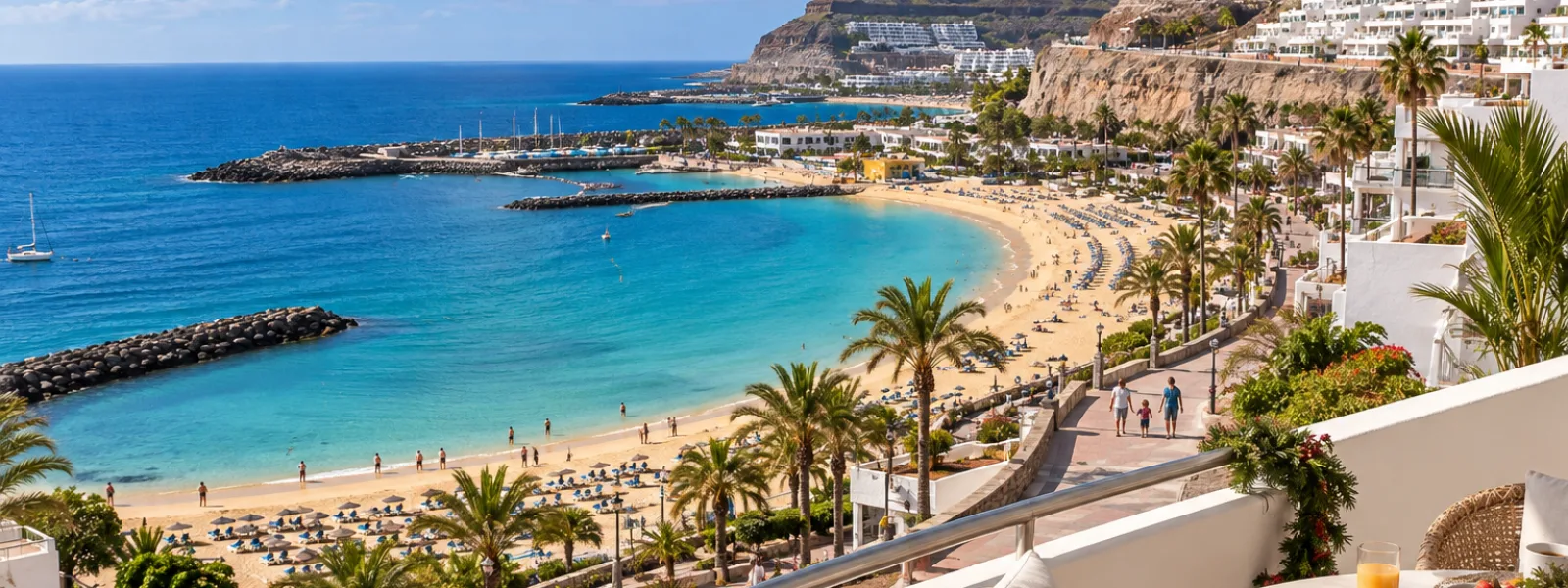 Sunny Puerto Rico and Amadores coastline in Gran Canaria with a holiday apartment terrace at Christmas