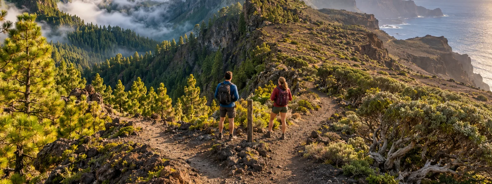 Hikers choosing a volcanic mountain trail between La Palma-style pine caldera scenery and El Hierro-style Atlantic cliffs