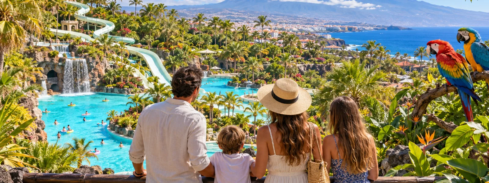 Family choosing between Siam Park and Loro Parque experiences in Tenerife