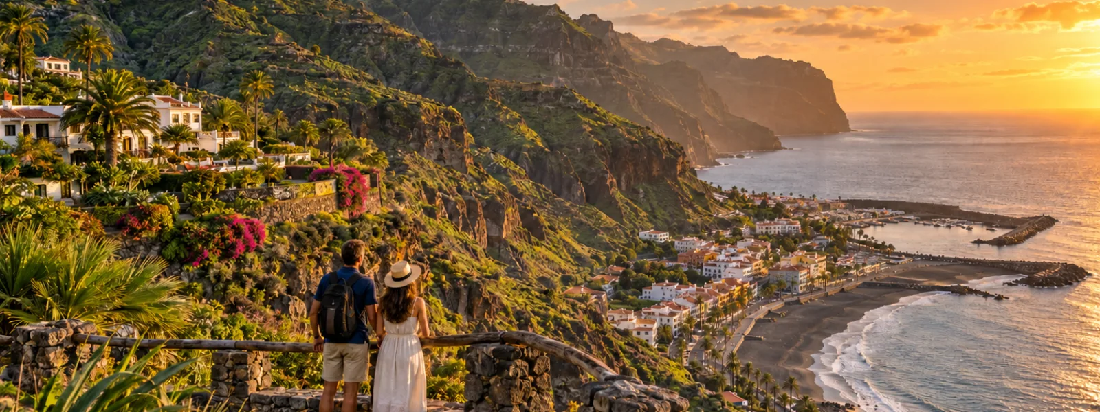Couple overlooking La Gomera's green cliffs, black-sand coast and Atlantic at sunset