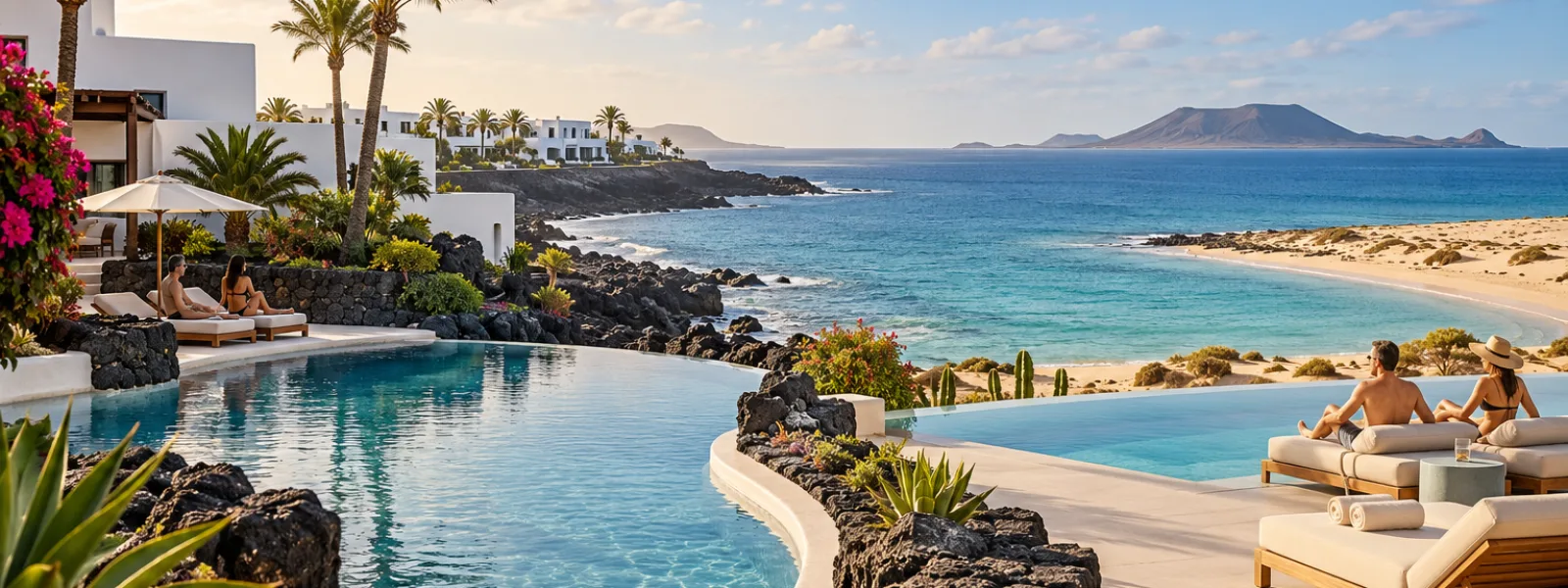 Luxury adults-only resort pools and Atlantic coast scenery representing Paradisus Salinas Lanzarote and Secrets Bahia Real in Fuerteventura
