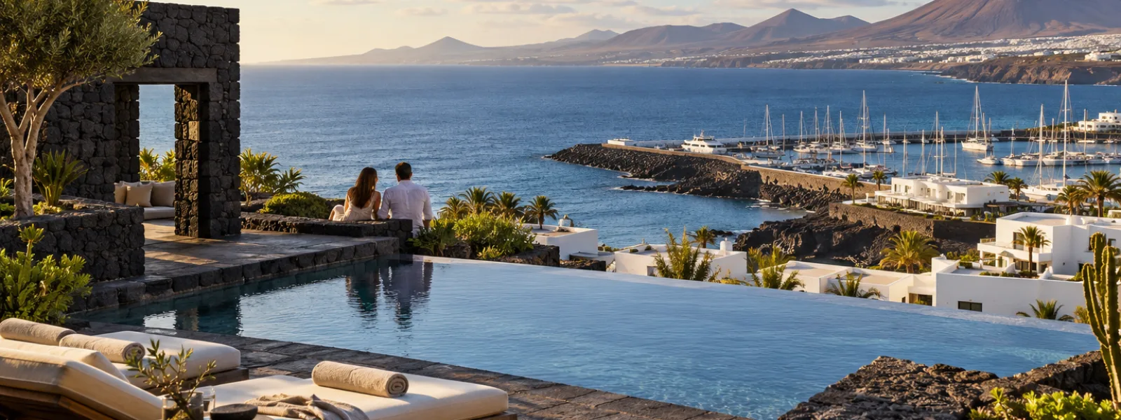 Adults-only Lanzarote hotel terrace overlooking the Atlantic Ocean and a Puerto Calero-style marina