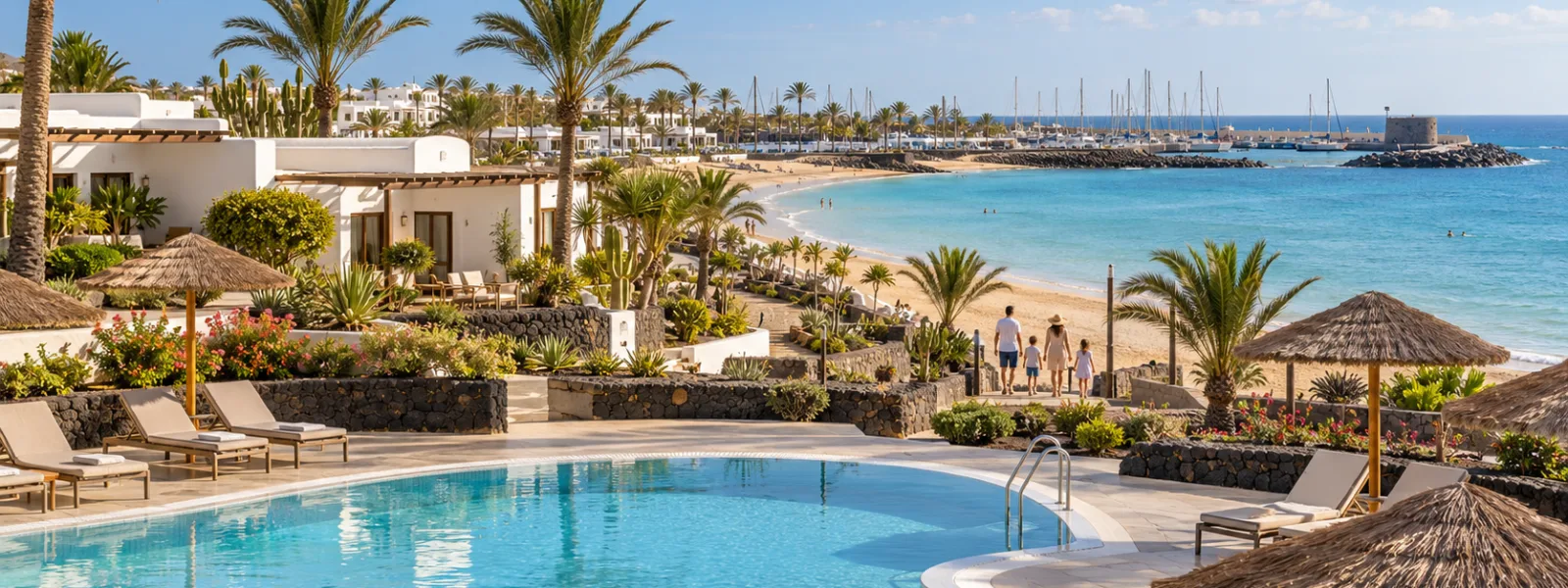 Pool, bungalows and sheltered bay in Caleta de Fuste, Fuerteventura